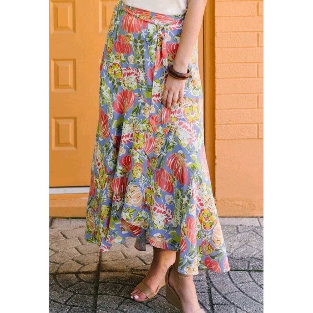 Matilda Jane Floral Wrap Skirt Small NWT Blue Pink Uneven Hem Flowy Long Tie